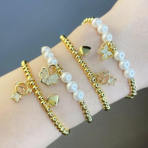 EYIKA Fashion KPOP Pearl Butterfly Pendant Beads Bracelet Pave Zircon Boy Girl Heart Couple Bangle Wedding Banquet Jewelry Gift