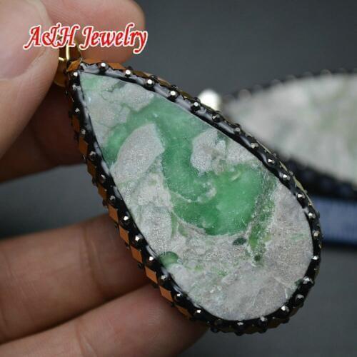 New Arrival Water Drop Shape Pendants Natural Apple Stone With Gold Silver Foil and Rhinestone Setting Jewelry