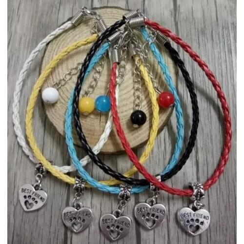 New Jewelry Best Friend Dog Cat Paw Print Pendant Bracelet Mix glass beads Leather Cords Amulet Bracelets & Bangle