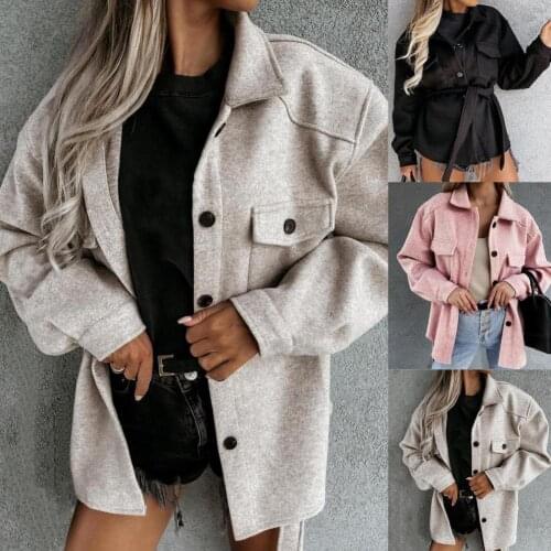 Autumn Coat Solid Color Turn-down Collar Long Sleeve Long Sleeve Belt Autumn Coat Women Jacket for Dating