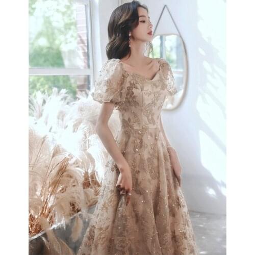 Khaki Evening Dress Women Banquet Dress French Style V-Neck Puff Sleeve Prom Gowns Fashion Embroidery Beading Formal Party Gowns