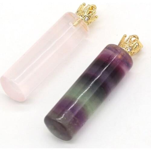 Natural Fluorite Quartzs Rose Quartzs Perfume Bottle Pendant Charms Cylindrical Pendant for Making DIY Necklacce Gift 12x48mm