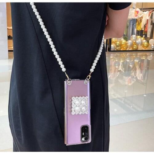 For Samsung Galaxy Z Fold 2 3 W21 5G Luxury Fashion Bling Diamond Flower Stand Bracket Long Pearl Chain Crossbody Case Cover