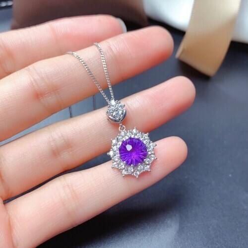 Silver Plated Round Cabochon Natural Purple Amethysts Crystal Pendant Link Chain Necklace with Rhinestone Jewelry