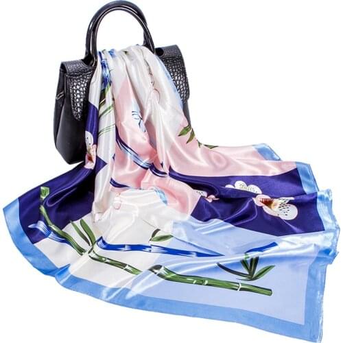 Women Vintage Sqaure Bandana Scarf Bamboo & Flower Print Shawl Hijab Imitate Silk Satin Kerchief Headscarf 35*35 inches