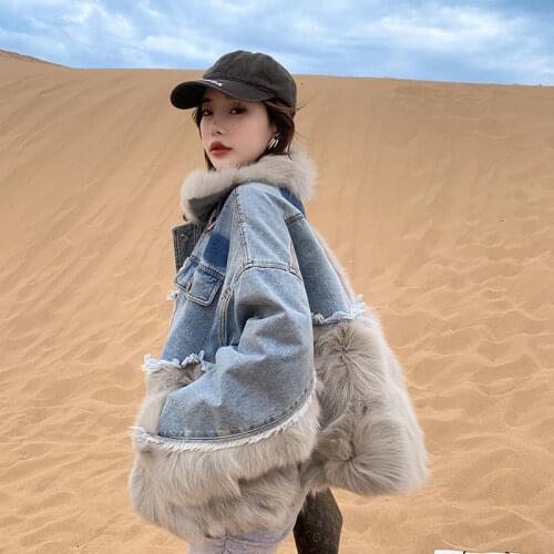 Fur imitation fox fur denim pie to overcome womens mid-length young 2021 womens top new thick coat