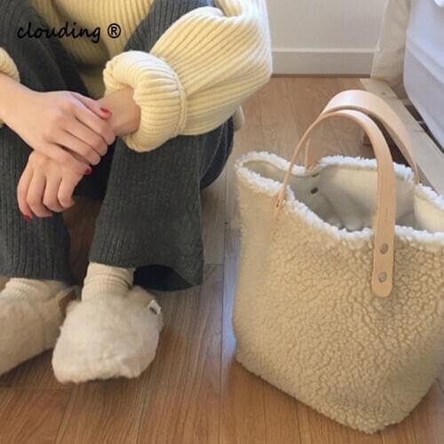 Women Handbag Large Capacity Winter New Soft Wool Plush Woman Bags Ladies Totes Shopping Bag Bolsa Korea Style Feminine White