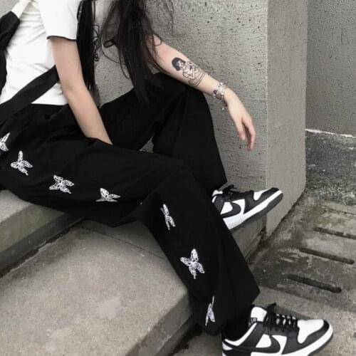High Street Wide-leg Pants Womens Summer Thin Ins Butterfly Print Straight Leg Pants Loose High Waist Casual Hiphop Trousers