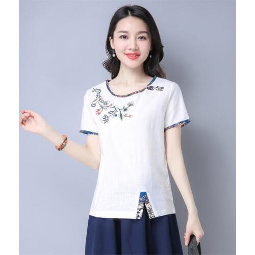 M-4XL Chinese Tops for Woman Summer Traditional Chinese Embroidery Shirts Loose Short Sleeve Plus Size Vintage Blouse