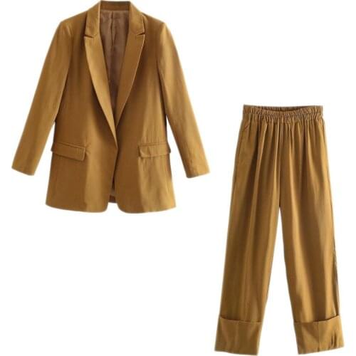 DOUJILI Women Suit Pants Solid Khaki Blazer Coat No Button V Collar Pocket 2021 Fashion Casual Pant Suits