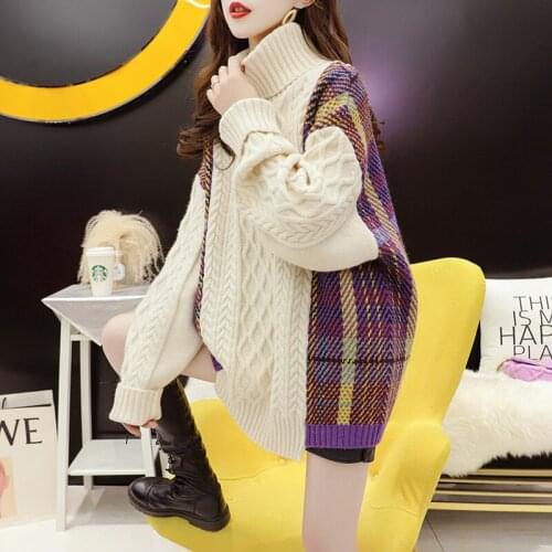 2021 New Net Red High Collar Fashion Women Clothing Autumn Winter Korean Splicing Knitting Lazy Wind Loose Knit Long Sleeve Top