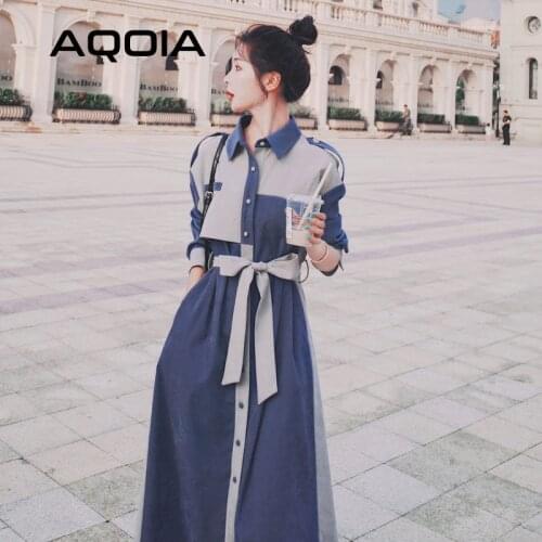 2021 Spring Button Up Women Maxi Dress Streetwear Loose Sashes Long Sleeve Shirt Dresses Patchwork Turn Down Collar Ladies Robe