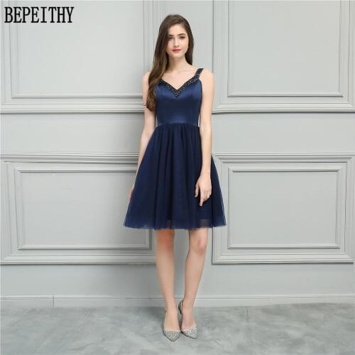 BEPEITHY 2019 New Design Vestido De Festa Longo Navy Blue Beads V-Neck A-Line Short Prom Dresses Bridesmaid Dresses
