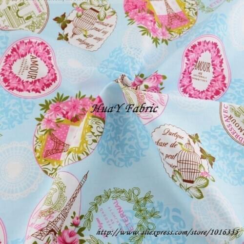 160CM Width Blue Floral Eiffel Tower Printed 100% Cotton Fabric For Handmade Patchwork Tecido