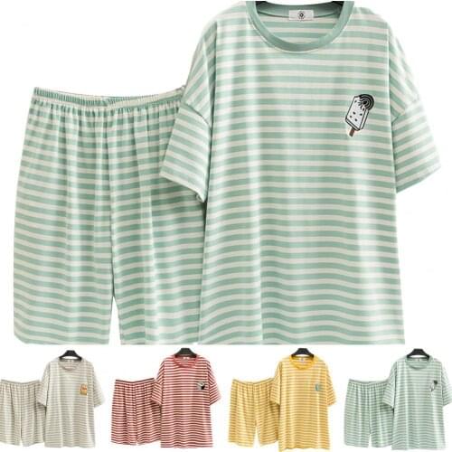 2Pcs/Set Pajamas Soft Breathable Polyester Women Stripe Nightgown Two-Piece Set for Summer