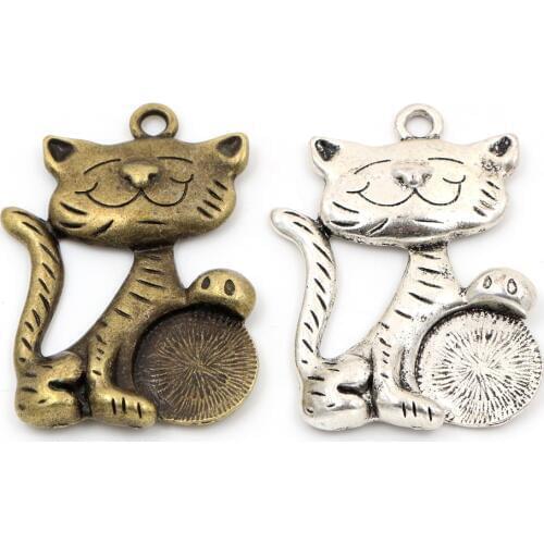 47x34mm 2pcs Antique Sliver and Bronze Plated Cat Handmade Charms Pendant:DIY for bracelet necklace