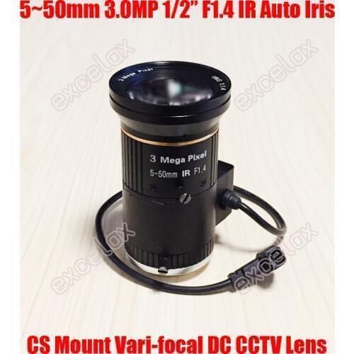 3MP 1/2" 5-50mm F1.4 IR CS Mount DC Auto Iris Varifocal CCTV Lens for 960P 1.3MP 1080P 2 Megapixel Analog IP Body Box Camera