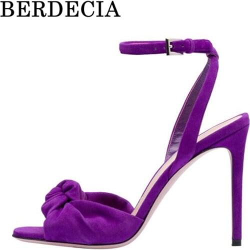 Tie Fashion Flock Leather Buckle Sandals High Heel Peep Toe Berdecia Designer Party Outdoor Shoes Summer Woman Pumps Big Size 45