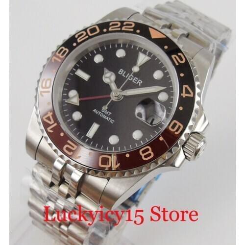 BLIGER Brand 40mm Mechancial Men Watch Sapphire Glass GMT Date Function Jubilee Band Rotating Bezel