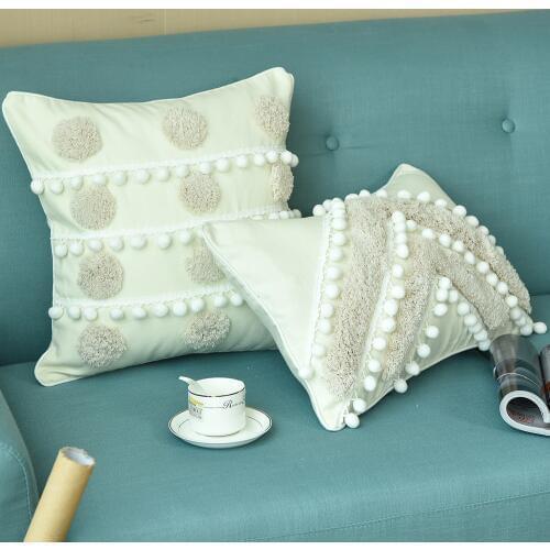 Handmade Cushion Cover Fringed Pompom Balls Dots Ivory Pillow case For Sofa Seat Simple Home Decor Linen 45*45cm 30x50cm
