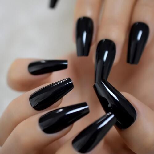 Black Shiny Pure Color Coffin Fake Nail Long Full Cover Simple Ballerina Nails Adult Sexy Nail Tips Manicure