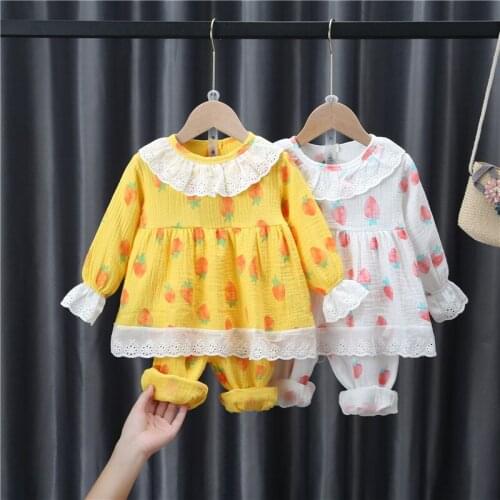 Girls' Cotton Set Gauze Home Service Autumn Suit Fashion Spring Childrens Long-sleeved Pants Pajamas Two-piece Children Clothes