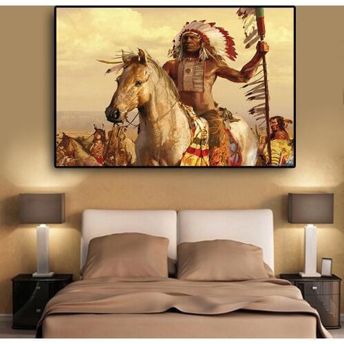 Native Indian Feathered Horse Oil Painting on Canvas Posters and Prints Scandinavian Wall Art Picture for Living Room