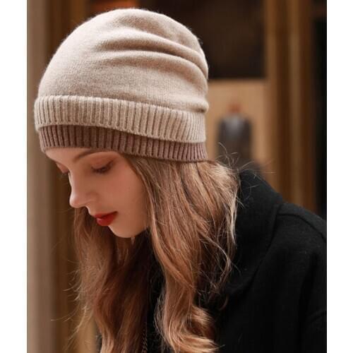 Cashmere Thick Warm Skullies Caps Women Beige Grey Knitted Beanie Hat Europe Street Windproof Earflap Cap Pile Cap Winter 2020