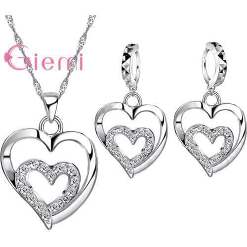 Romantic Women Jewelry Sets 925 Sterling Silver Zircon CZ Crystal Double Love Heart Necklace&Earrings Jewelry Set Hot Sale