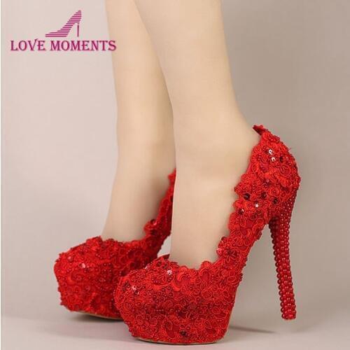 2018 Red Bridal High Heel Flower Lace Wedding Shoes Prom Shoe Bridesmaid Evening Party Spike Red Pumps Celebrity Stiletto Heels
