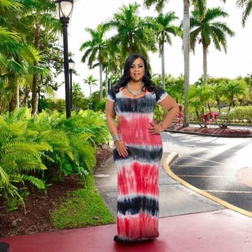Plus Size L-4XL Summer Tie Dye Print O-neck Short Sleeve Slim Maxi Dress Fashion Beach Sexy Long Dresses 3 color