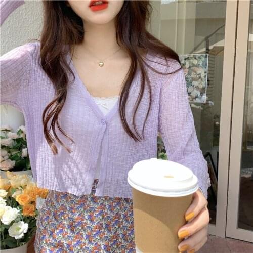 Summer thin V-neck knitted cardigan womens short air-conditioned shirt shawl with skirt ice silk sunscreen coat sweaters