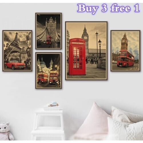 London Red Telephone Booth Kraft Paper Poster Livingroom Bedroom Home Decor Retro Wall Sticker