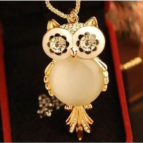 Min.order is$15 (mix order) Men women Fashion jewelry Cute big opal owl pendant necklace long quality gold sweater chain Z011