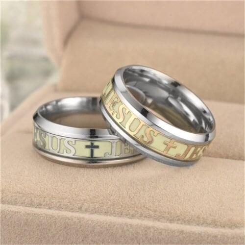 Punk Cool 8mm Jesus Cross Rings Male Gold/Silver Color Stainless Steel Luminous Glowing Rings for Men Party Jewelry Gift