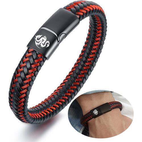 Men Custom Dragon Leather Bracelet Personality Logo Stainless Steel Braided Wristband Handmade Gift For Boyfriend Dad