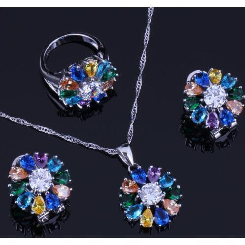 Enjoyable Multigem Multicolor Brown Cubic Zirconia Silver Plated Jewelry Sets Earrings Pendant Chain Ring V0310