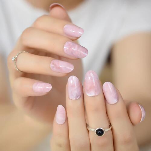 Pink Marble Pattern False Fake Nails Tips Soft Pink Oval Round ABS Artificial DIY UV Gel Nail Art Tips Summer Wear