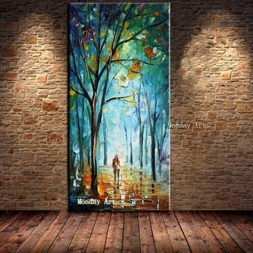 Wall Decoration High Quality handmade Knife Oil Painting On Canvas Handpainted Abstract Modern Rain Tree Road Palette Picture
