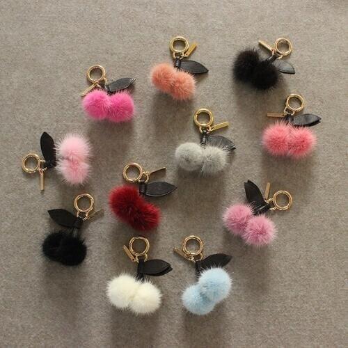 Super cute soft real mink fur cherry key chain lamb leather leaves handbag pendant multi color pom pom plush bag ornament
