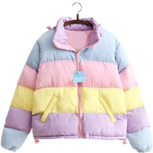 Oversized Harajuku Women Coat Parkas Mujer Short Padded Warm Jacket Rainbow stripe Splicing Fluffy Parka Femme Clothing Winter