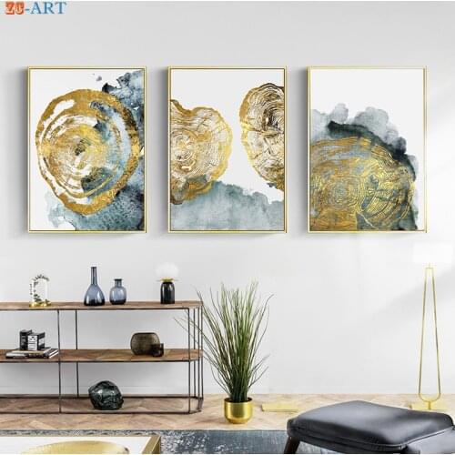 Light Blue and Gold Color Wall Art Watercolor Modern Canvas Art Wall Paintings Posters and Prints Decoration Pictures Unframed