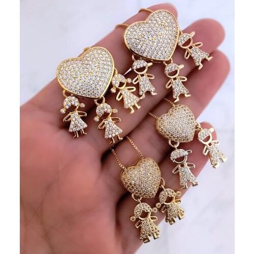 Luxury Heart Three Boy Girl Pendant Necklace Gold/Silver Color Cubic Zirconia Stone Choker Necklace kids Women Fashion Jewelry