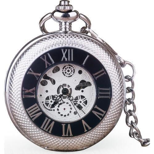 Retro Luxury Hollow Pocket Watch With Chain Roman Numerals Silver Fob Mechanical Steampunk Pocket Watches