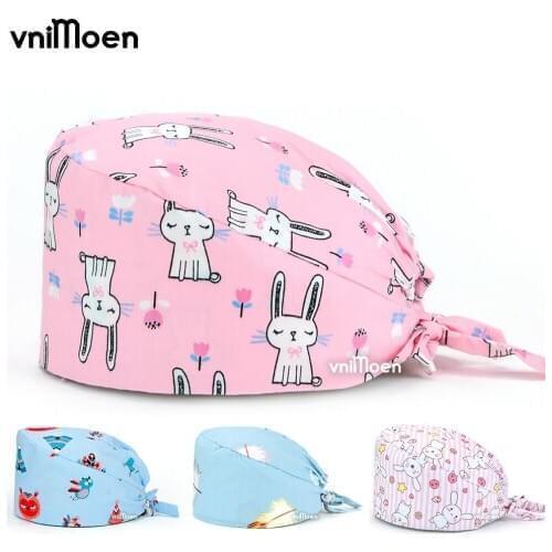Cotton little Bunny cartoon anime printing hats adjustable scrubs hat beauty salon nursing cap laboratory pet Klinik scrub cap