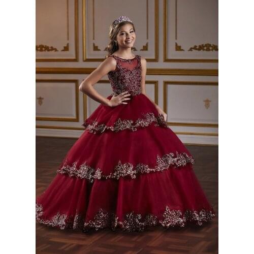 Gorgeous Burgundy Girls Pageant Dresses Ruffles Lace Appliqued Beaded Flower Girl Dress For Weddings Children Princess Birthday