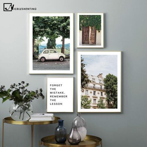 Old House Car Tree Vintage Art Poster Nordic Landscape Canvas Print Motivational Wall Painting Modern Home Decoration Picture