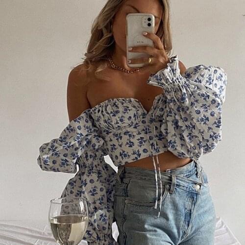 Women Blue Floral Print Tie Front Top and Blouses Shirts Square Collar Puff Sleeve Elegant Vintage Sexy Shirt Tops Chic 2021