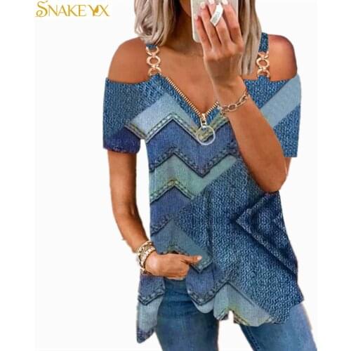 SNAKE YX Graphic T Shirts Womens Wave Geometric Printed Short Sleeve Zipper V-neck Casual Top Plus Fashion Soft T-shirt