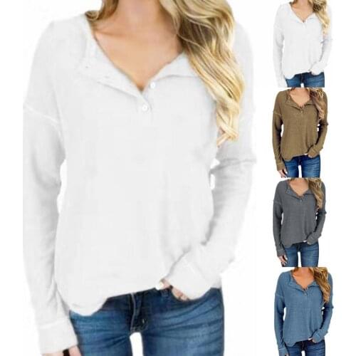 Women T-shirt Knitted V Neck Autumn Long Sleeve Buttons Top Streetwear Casual Loose utumn Basic Tops Clothing